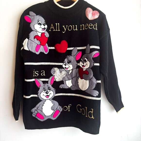 Cote a Cote Paris Bunny Cartoon " All you need is a Heart of Gold Pullover M/L - Picture 2 of 5